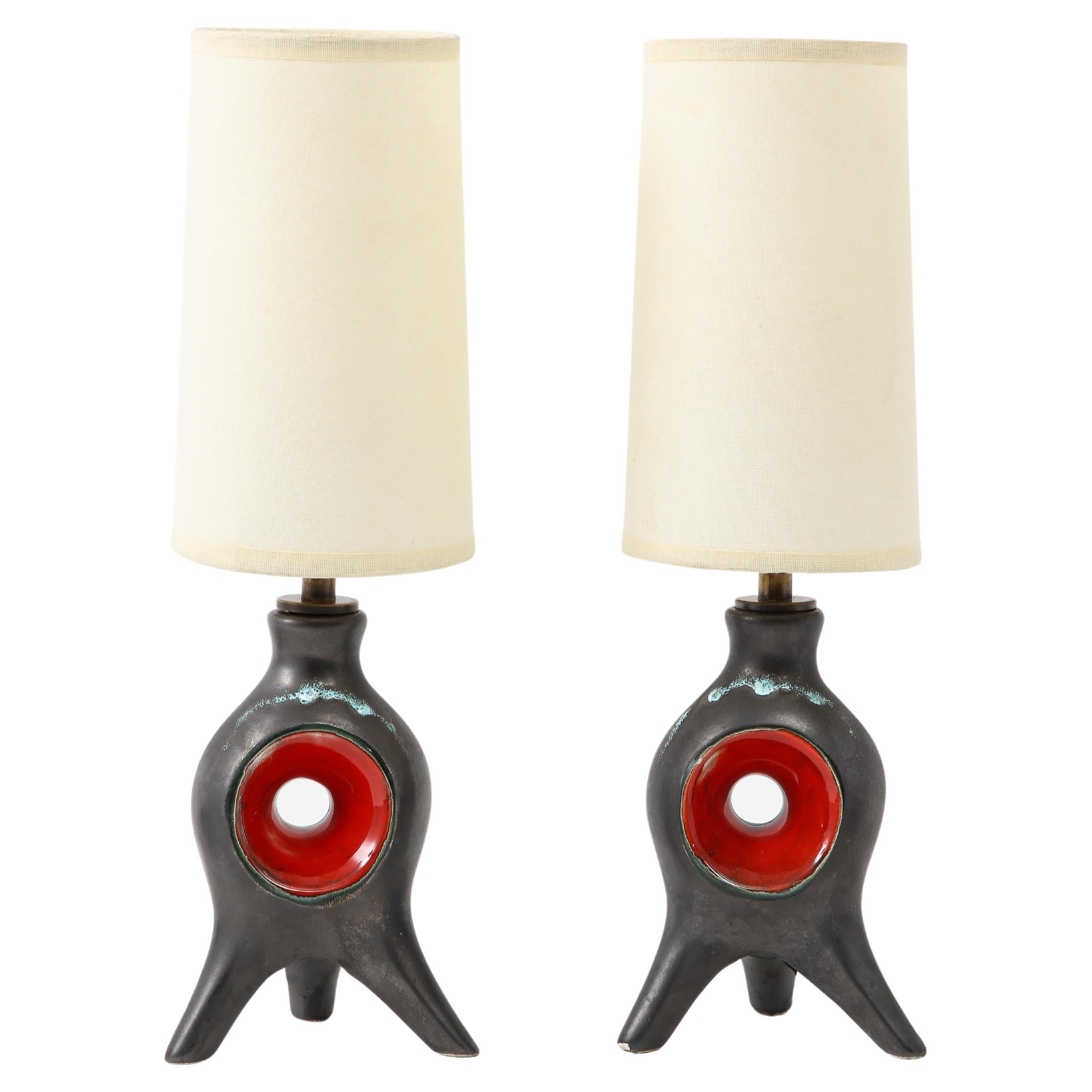 Two Tone Jouve Style Ceramic Lamps, France, 1950s