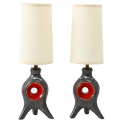 Two Tone Jouve Style Ceramic Lamps, France, 1950s