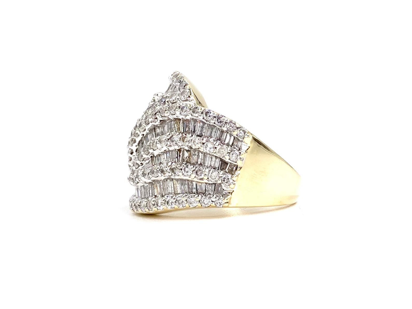 Two-Tone Large Leaf Style Baguette and Round Diamond Ring For Sale 1