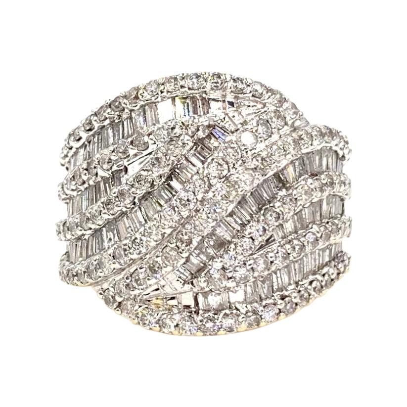 Two-Tone Large Leaf Style Baguette and Round Diamond Ring For Sale