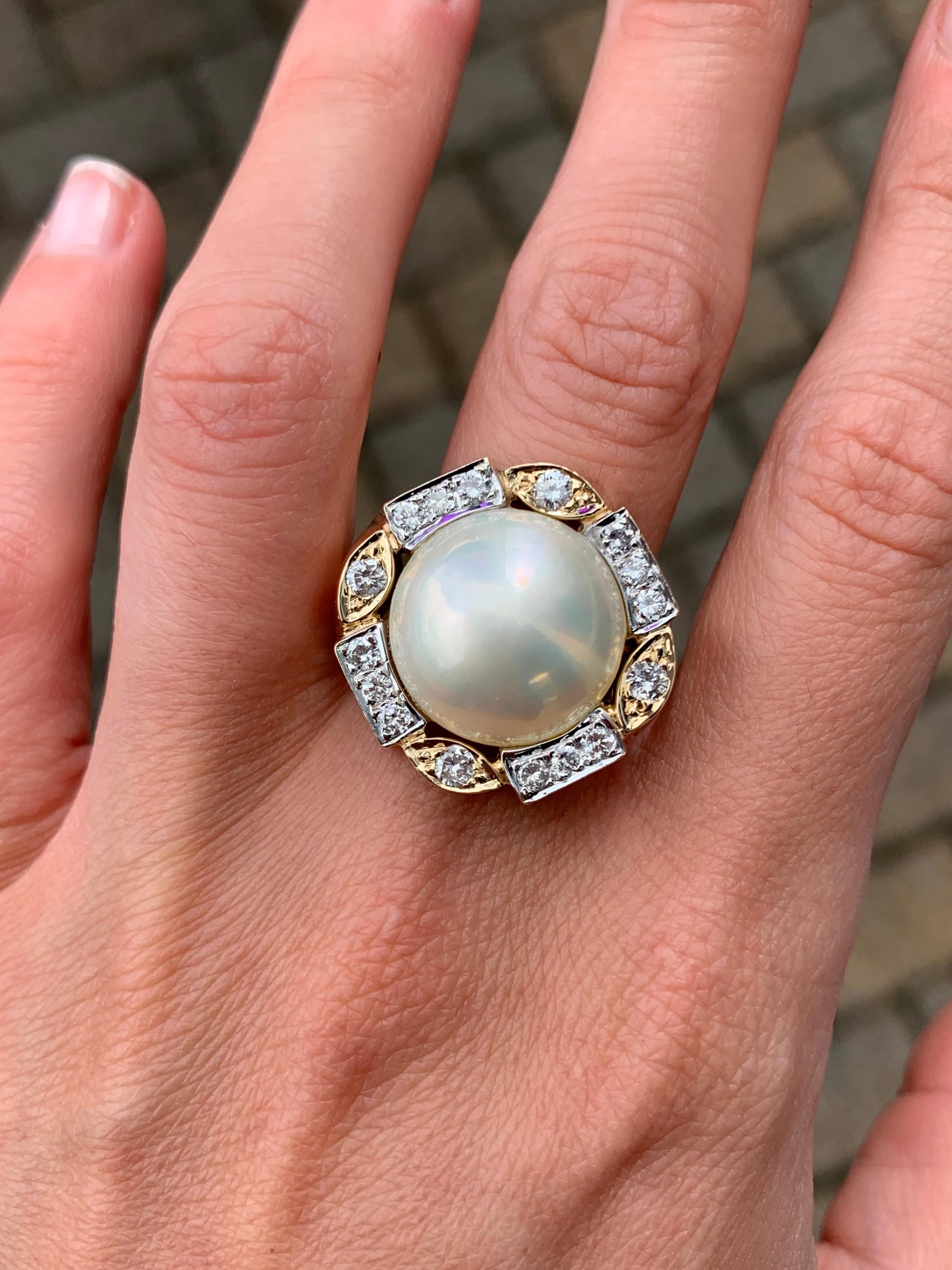 Two-Tone Large Mabe Pearl and Diamond Ring For Sale 6