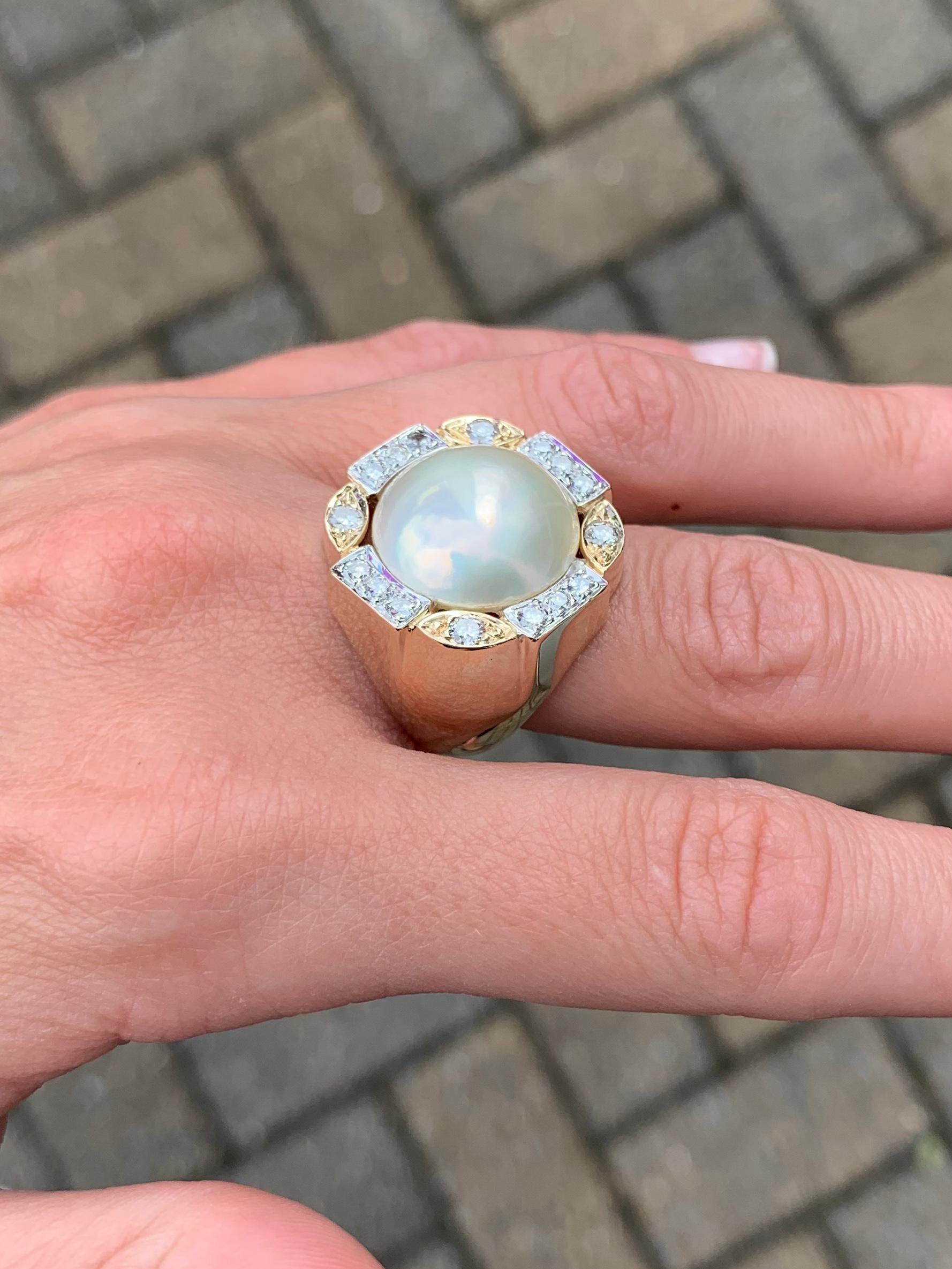 Two-Tone Large Mabe Pearl and Diamond Ring For Sale 4