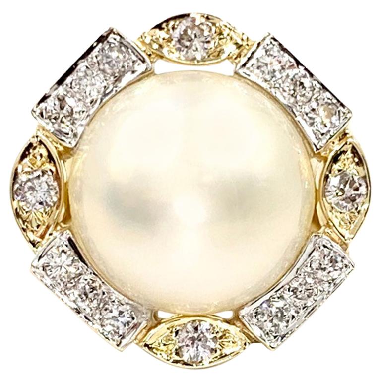 Two-Tone Large Mabe Pearl and Diamond Ring For Sale
