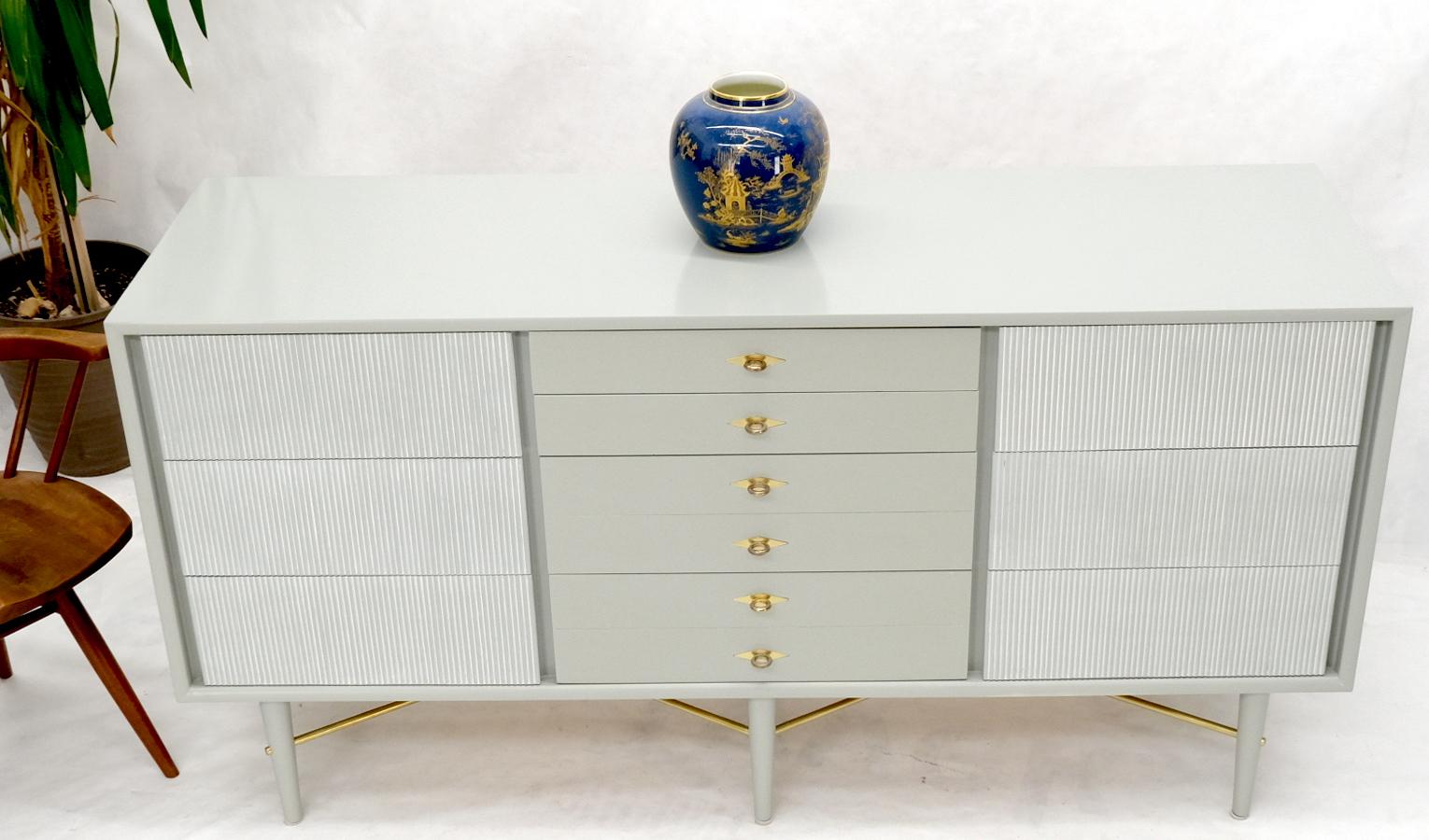 20th Century Two Tone Light Grey & White Fluted Drawer Fronts Brass Stretchers Long Dresser  For Sale