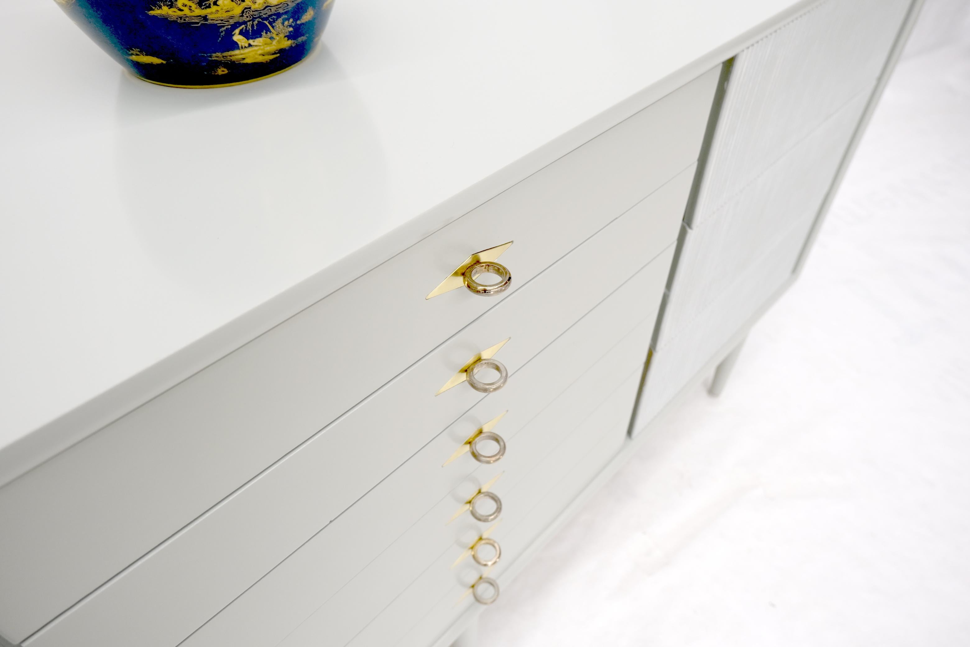 Two Tone Light Grey & White Fluted Drawer Fronts Brass Stretchers Long Dresser  For Sale 5