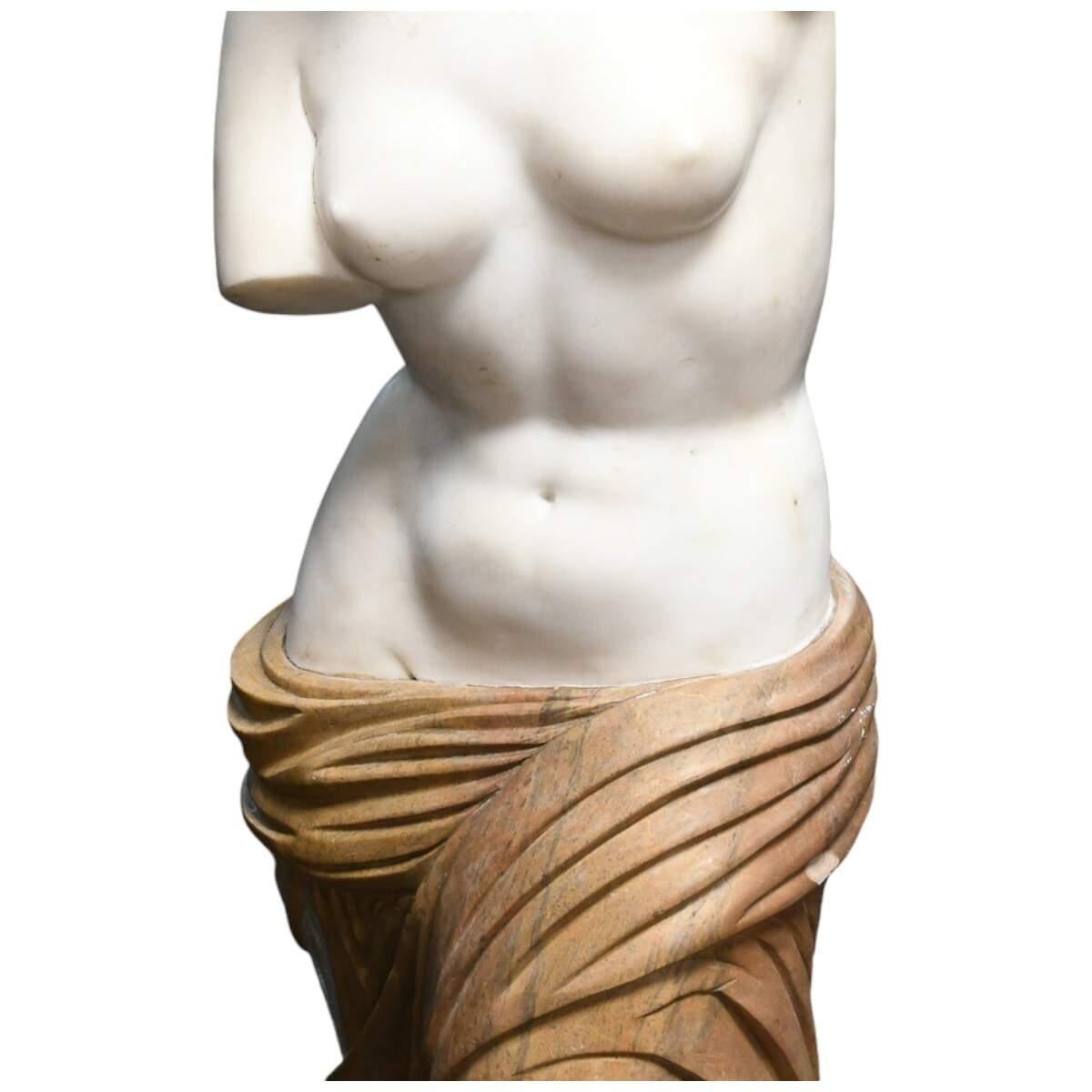 Questa statua femminile senza braccia in stile greco in marmo bicolore presenta un'espressione serena e un drappeggio fluente, mostrando la bellezza e la grazia classiche. Realizzata in pietra materiale, enfatizza la forma proporzionata e
