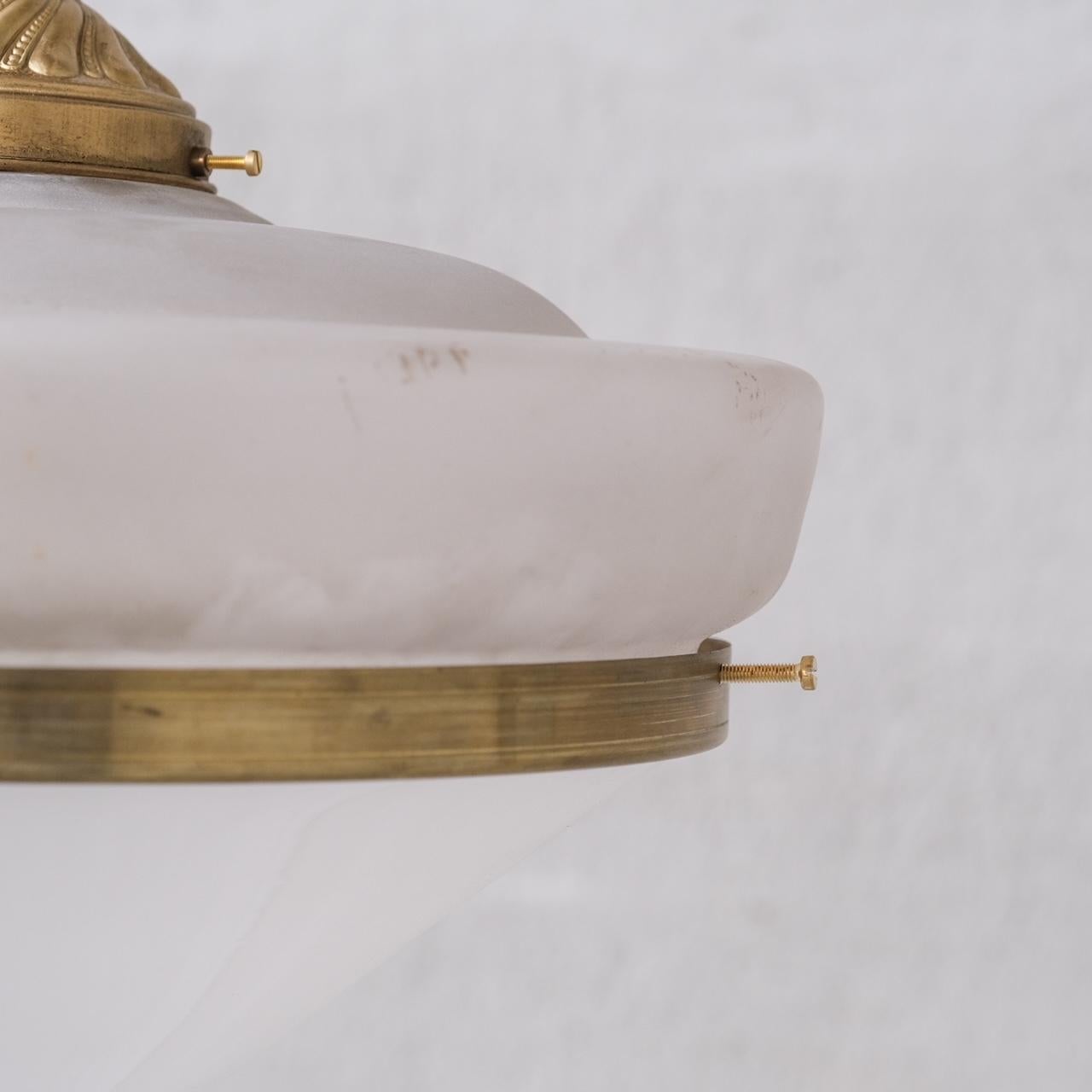 20th Century Two Tone Mid-Century French Brass and Glass Pendant Light (5 available) For Sale