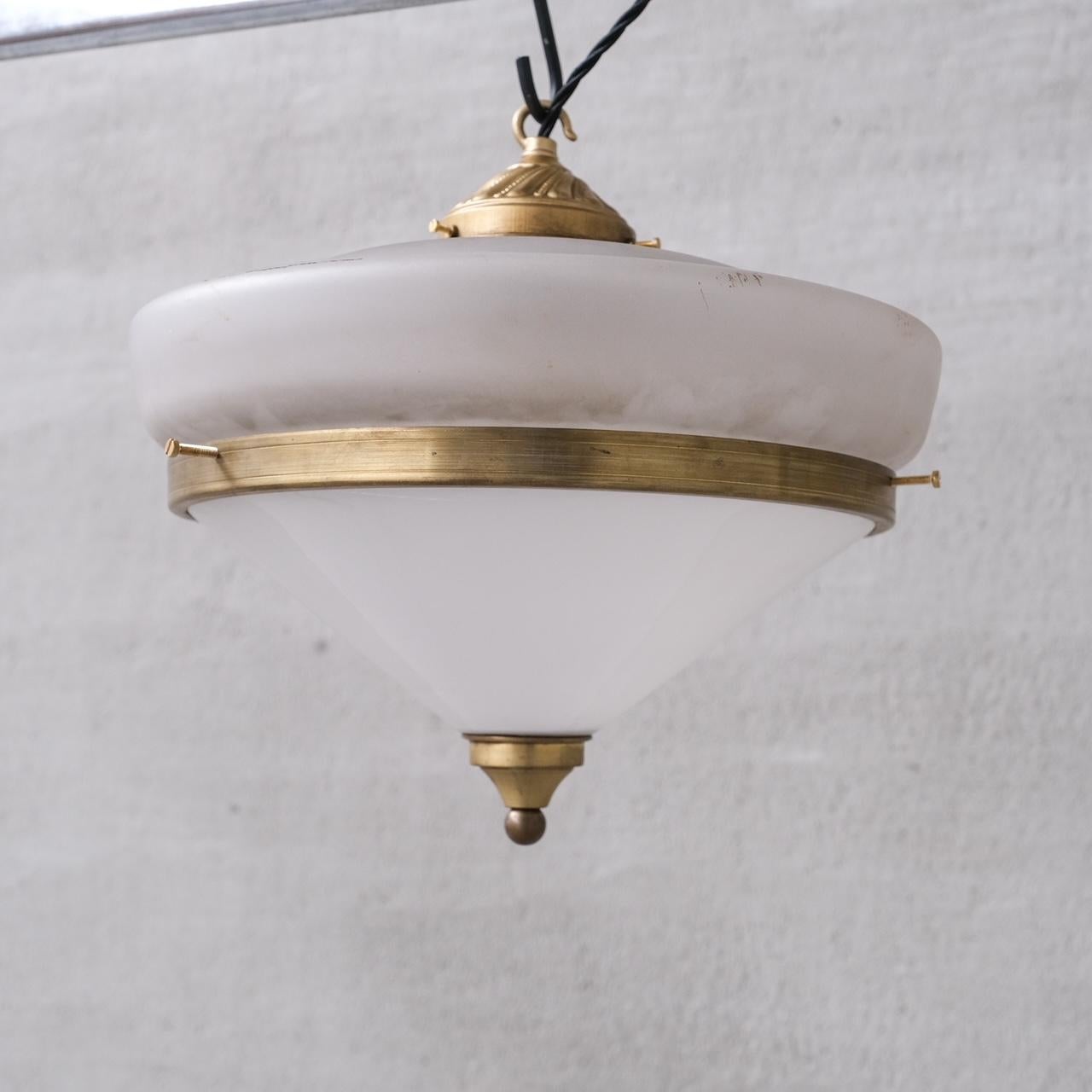 Two Tone Mid-Century French Brass and Glass Pendant Light (5 available) For Sale 3