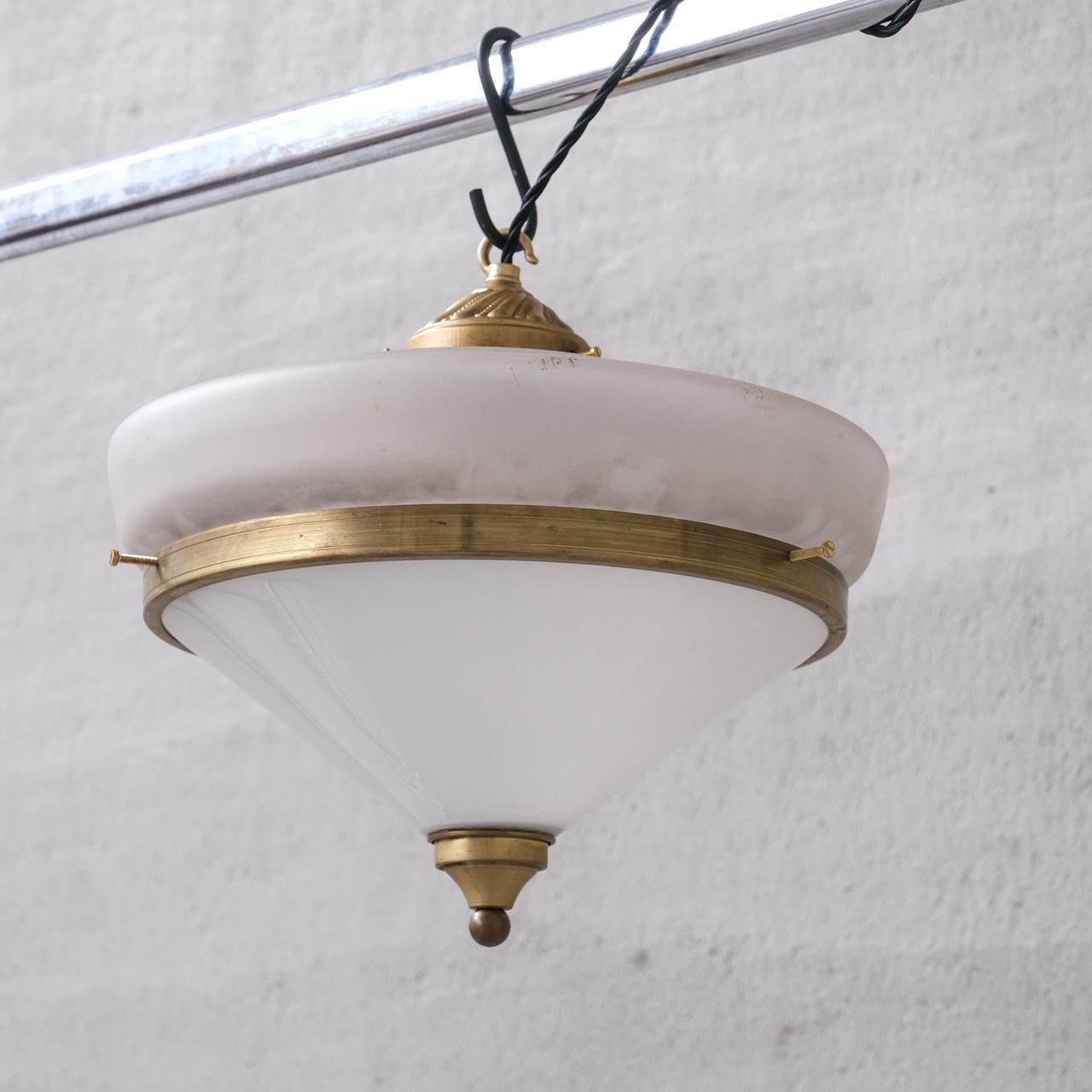 Two Tone Mid-Century French Brass and Glass Pendant Light (5 available) For Sale 4