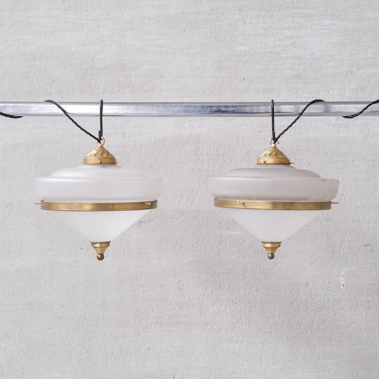 Two Tone Mid-Century French Brass and Glass Pendant Light (5 available) For Sale 5