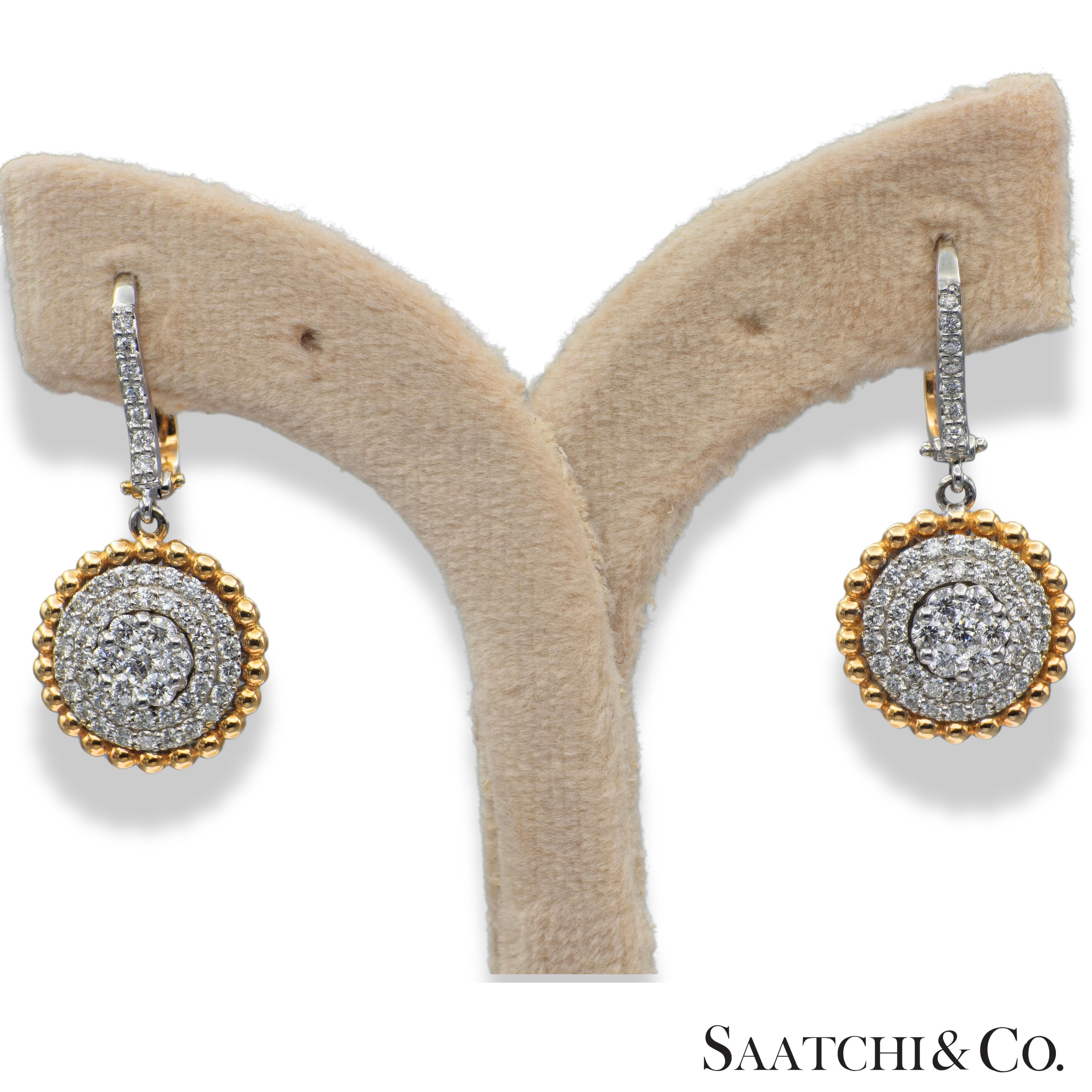 Two Tone Diamond Earring

- Metal Type: 18K 750 White & Rose Gold
- Total Item Weight: 9.21 Grams
- Natural Diamonds Weight: 2 Ct
- No of Diamonds: 104 Pcs
- Clarity Grade: VVS-VS
- Color Grade: F-G
- Diamond Shape: Round shape – Full Cut

Internal