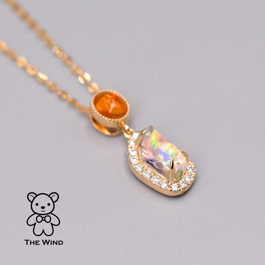 Artist Two Tone of Mexican Fire Opal Halo Diamond Necklace Pendant 18K Yellow Gold For Sale