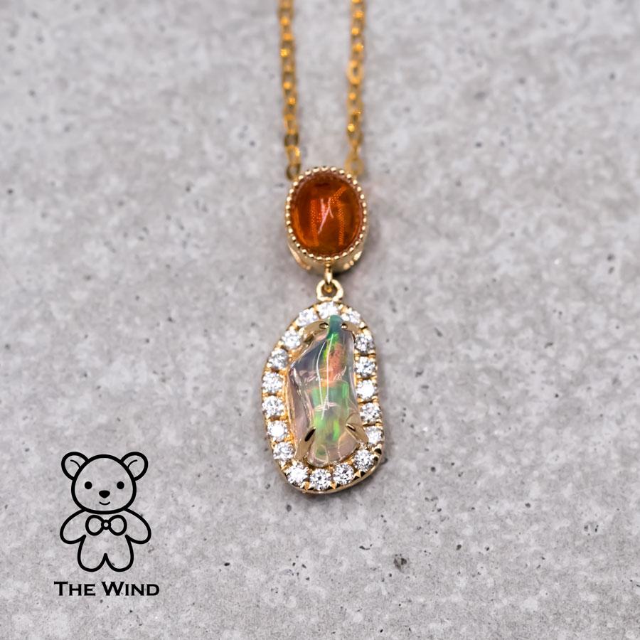 Brilliant Cut Two Tone of Mexican Fire Opal Halo Diamond Necklace Pendant 18K Yellow Gold For Sale