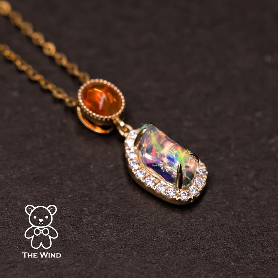 Women's or Men's Two Tone of Mexican Fire Opal Halo Diamond Necklace Pendant 18K Yellow Gold For Sale