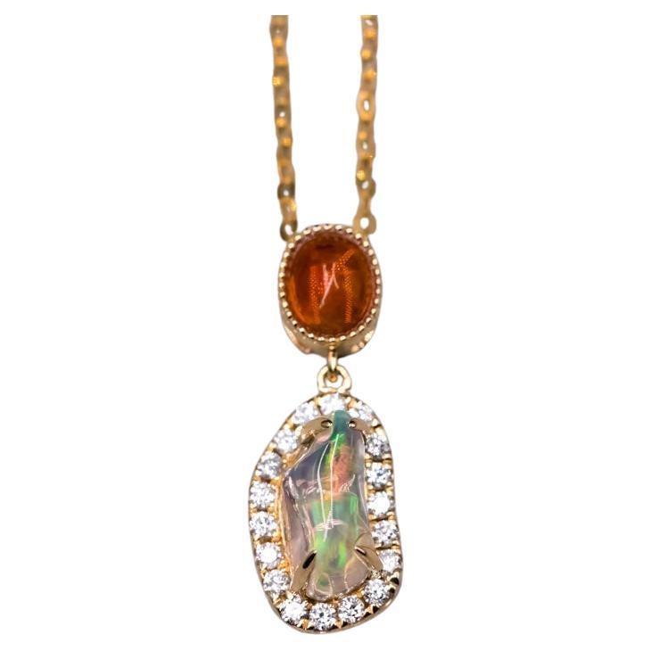 Two Tone of Mexican Fire Opal Halo Diamond Necklace Pendant 18K Yellow Gold For Sale