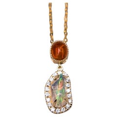 Two Tone of Mexican Fire Opal Halo Diamond Necklace Pendant 18K Yellow Gold