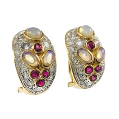 14K Two-Tone Gold Opal Ruby Diamond Clip-On Earrings, Circa 1980