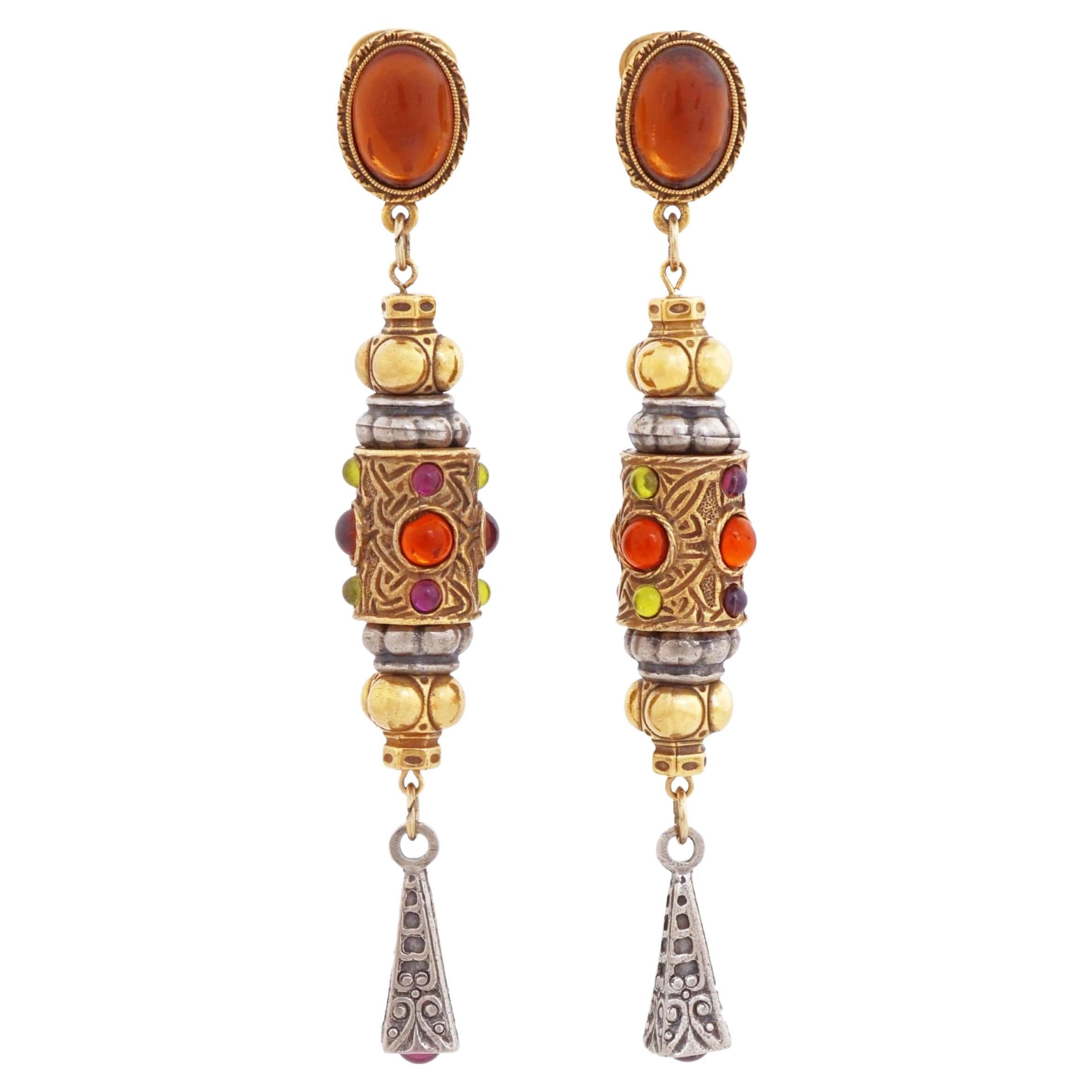 Two Tone Ornate Ottoman Style 4" Drop Earrings With Glass Cabochons, 1980s For Sale