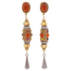 Two Tone Ornate Ottoman Style 4" Drop Earrings With Glass Cabochons, 1980s