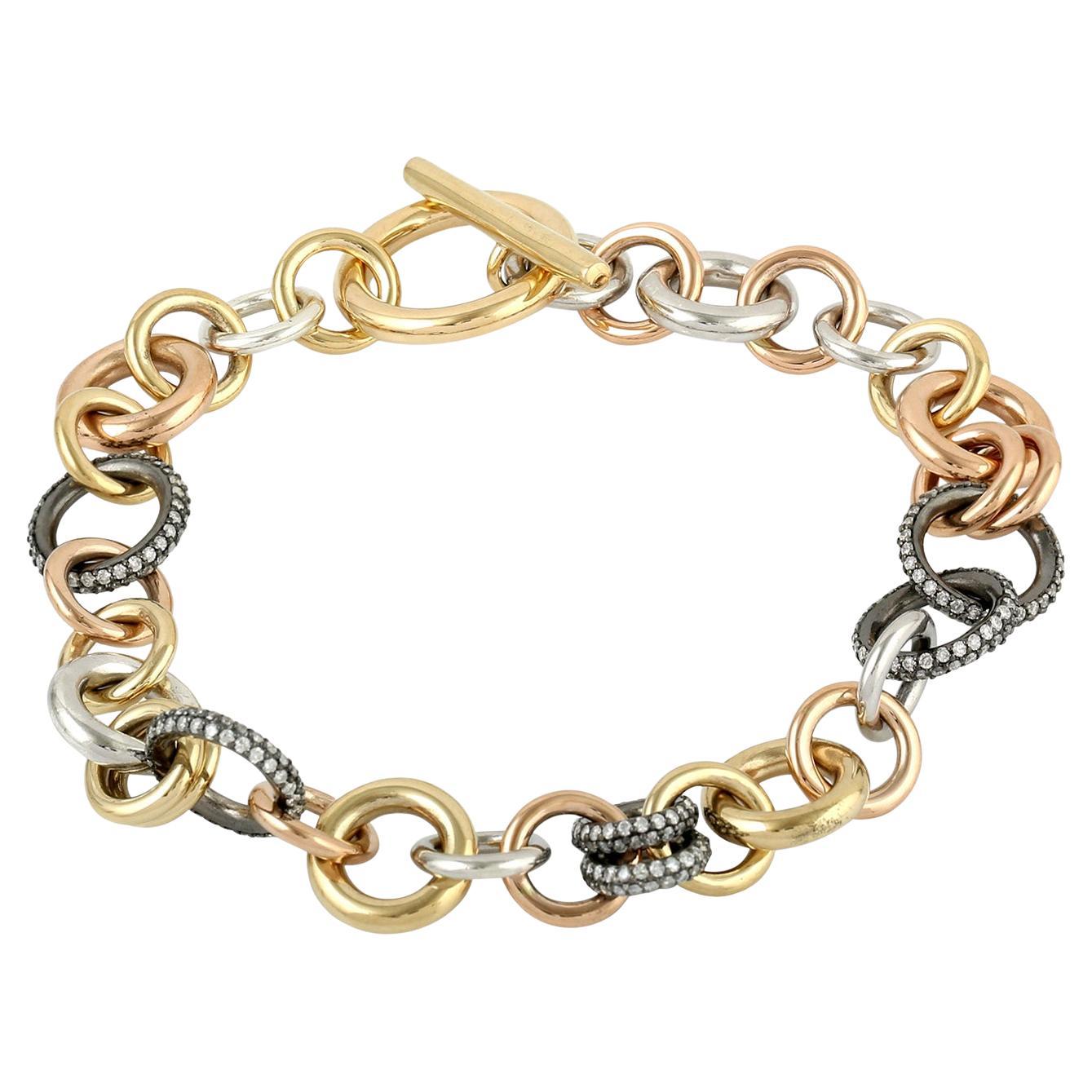 Two Tone Pave Diamond Link Chain Bracelet In 18K Gold & Silver For Sale