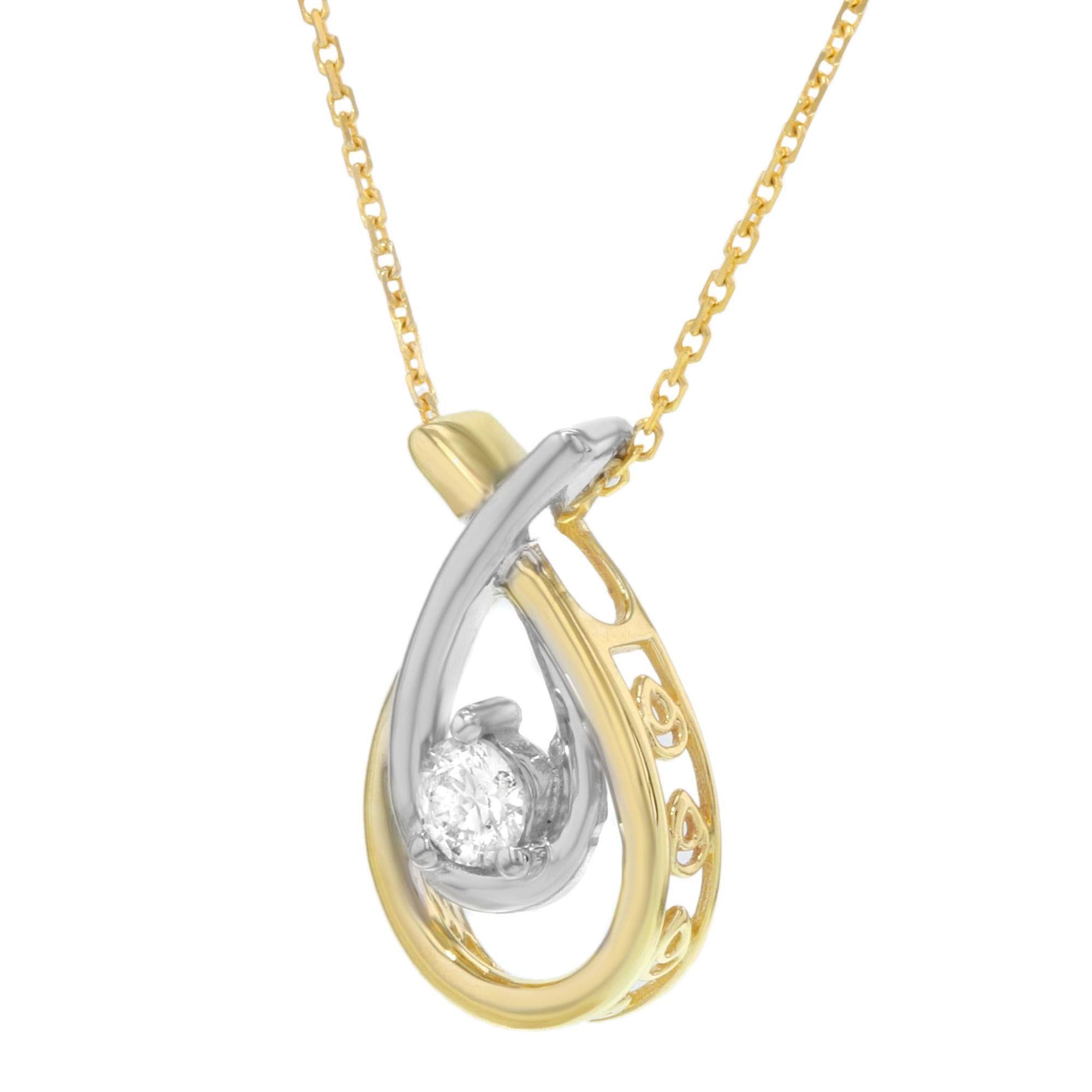 Modern Two Tone Pear Shaped Gold Diamond Pendant Necklace Yellow and White Gold 0.15Ctw For Sale
