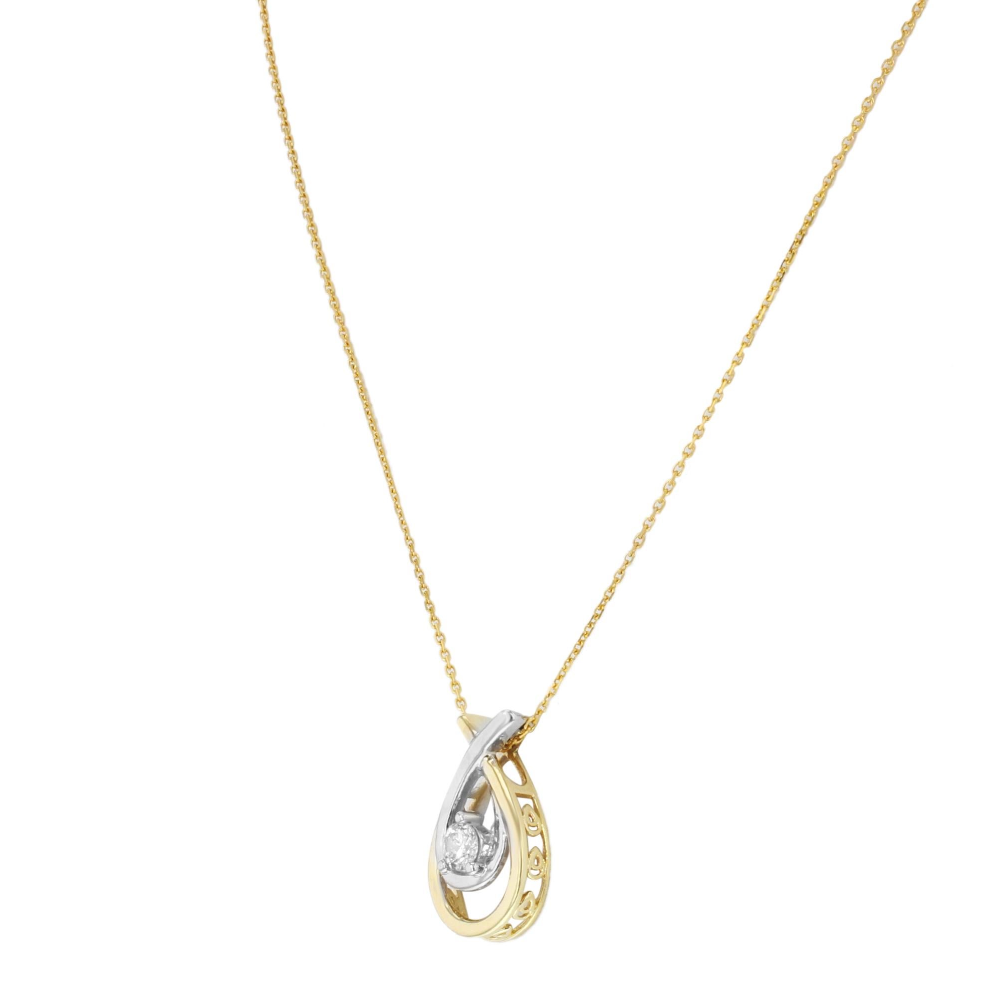 Round Cut Two Tone Pear Shaped Gold Diamond Pendant Necklace Yellow and White Gold 0.15Ctw For Sale
