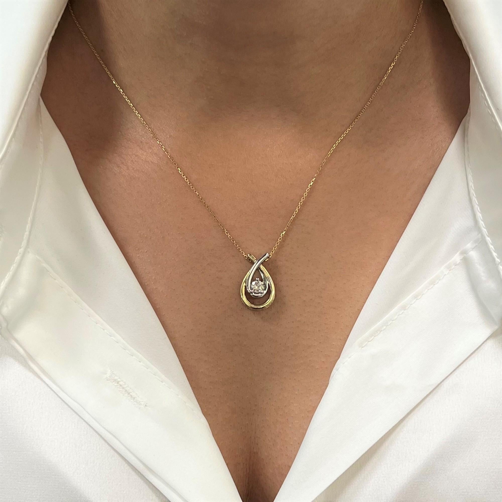 Two Tone Pear Shaped Gold Diamond Pendant Necklace Yellow and White Gold 0.15Ctw In New Condition For Sale In New York, NY