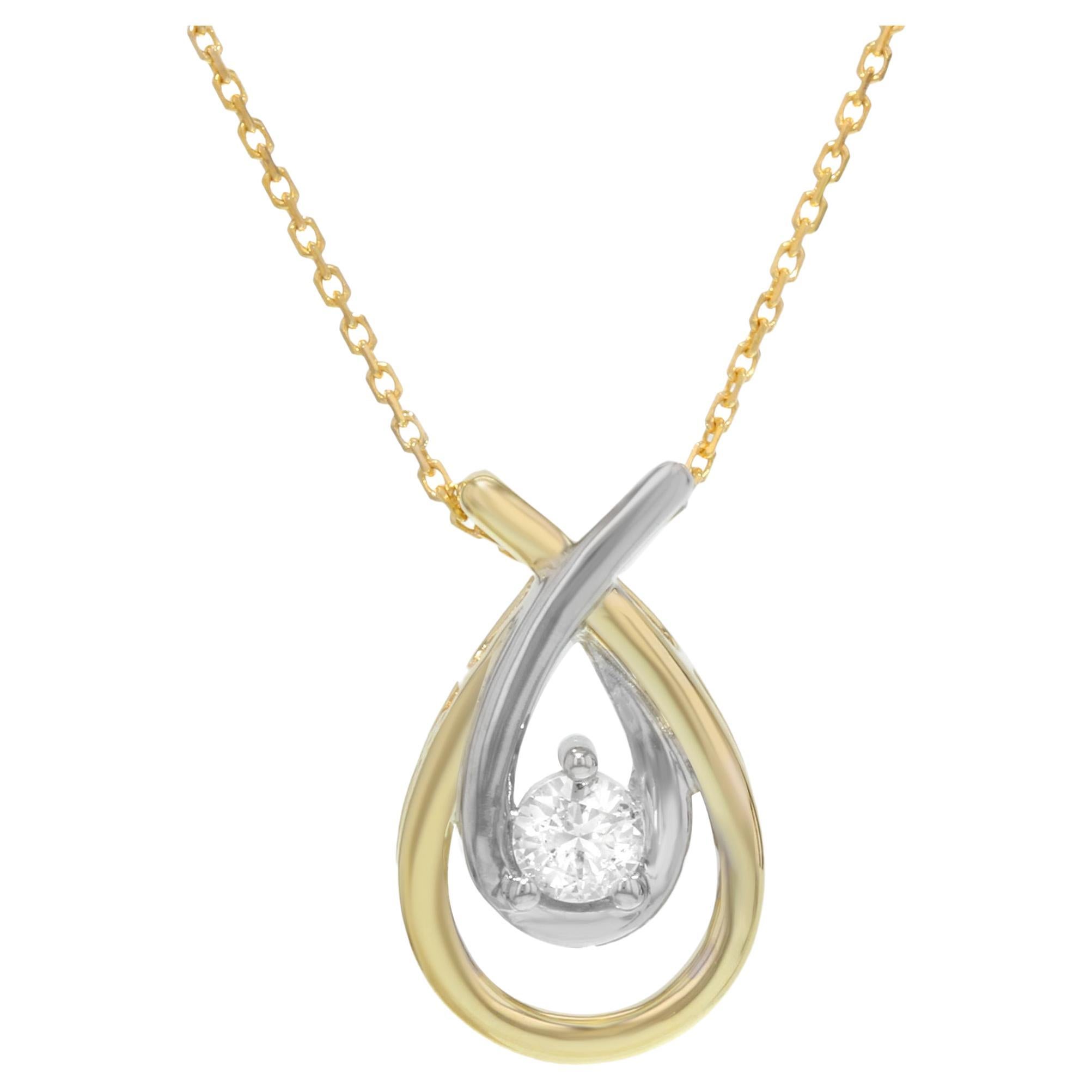 Two Tone Pear Shaped Gold Diamond Pendant Necklace Yellow and White Gold 0.15Ctw For Sale