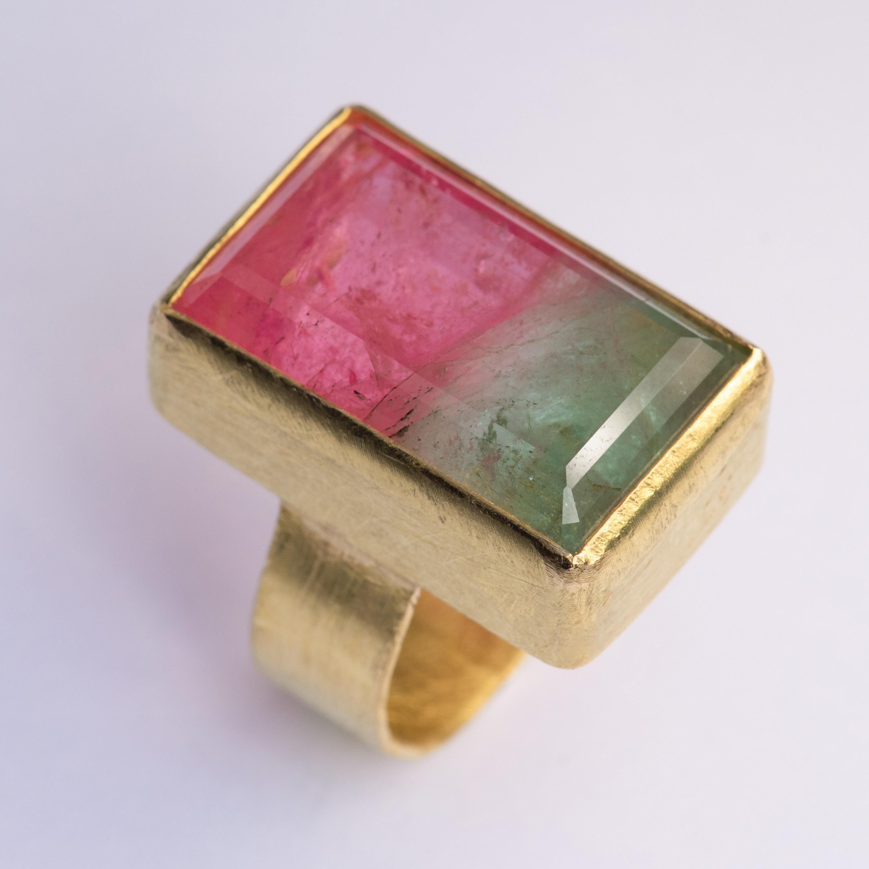 Baguette Cut Two-Tone Pink and Mint Watermelon Tourmaline 18 Karat Gold Cocktail Ring