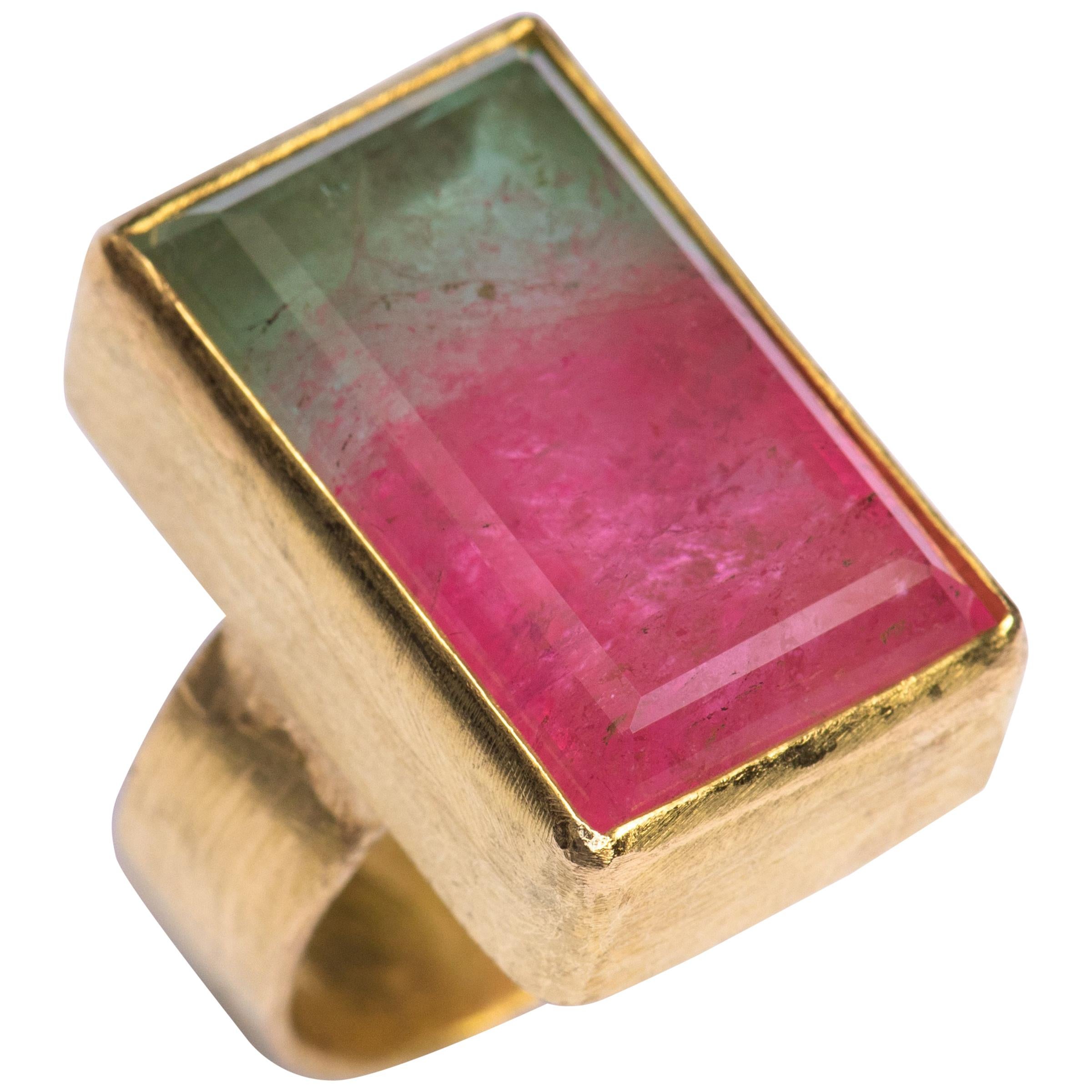 Two-Tone Pink and Mint Watermelon Tourmaline 18 Karat Gold Cocktail Ring