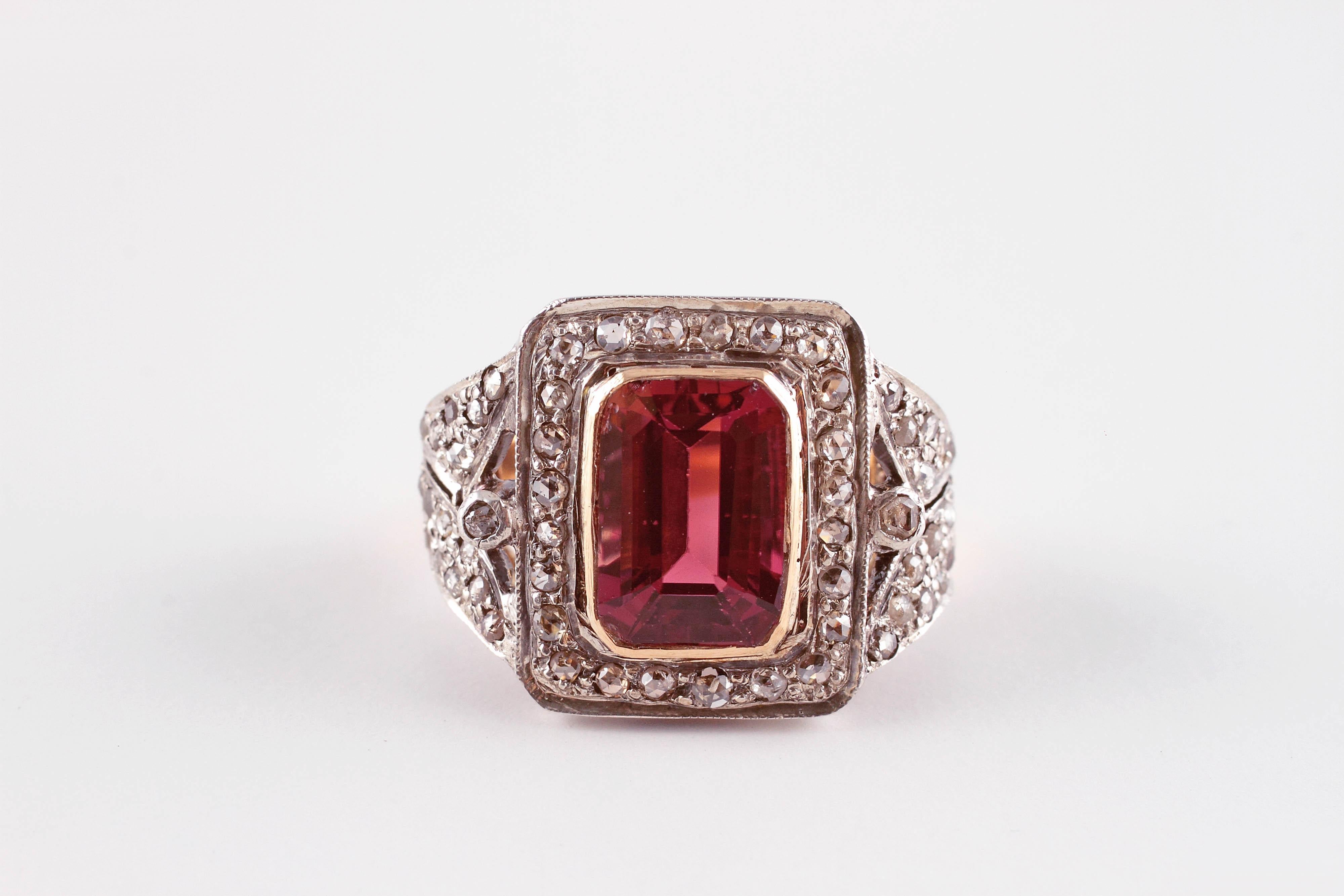 Round Cut Two-Tone Pink Tourmaline Diamond Ring