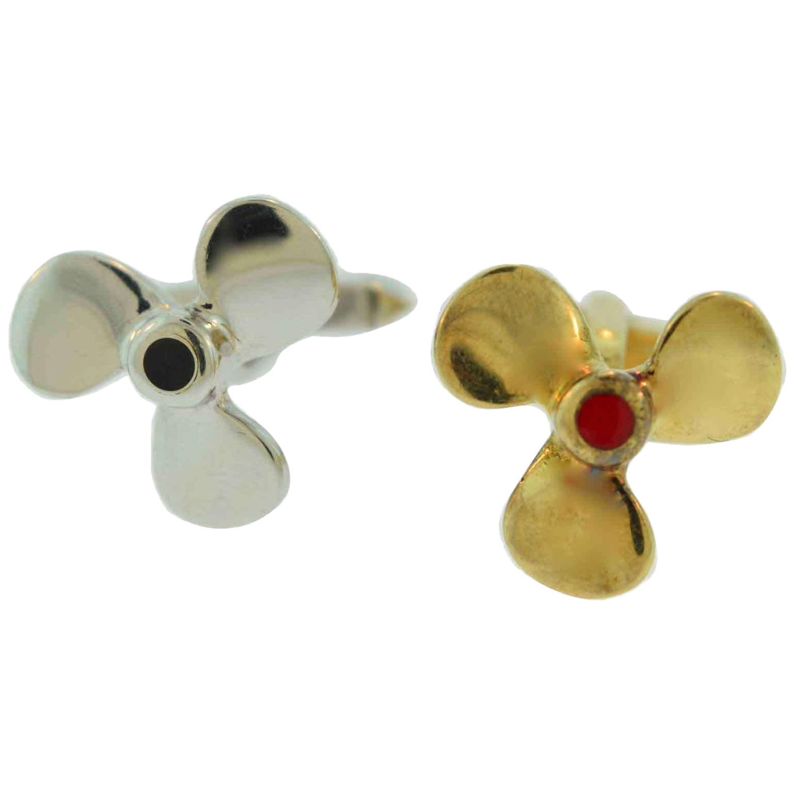 Two-Tone Propeller Yellow and White Gold 18 Karat, Blue and Red Enamel Cufflinks