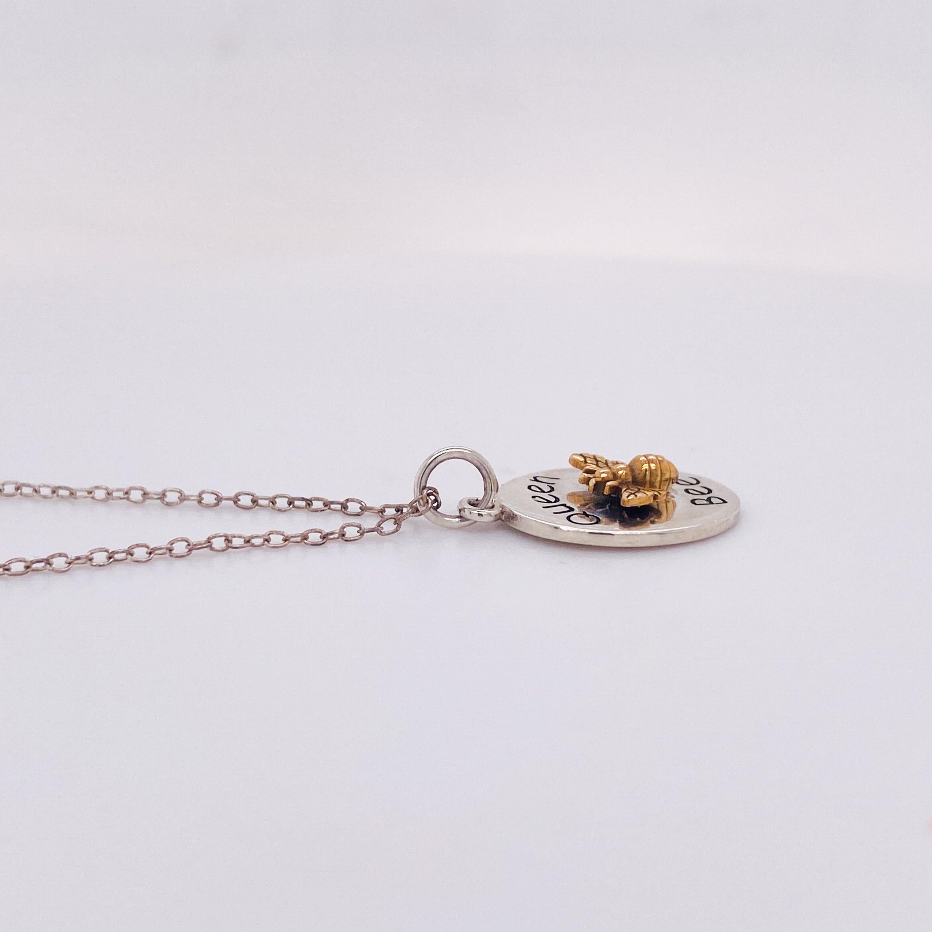 Two-Tone Queen Bee Necklace, Sweet 3D Bee, Sterling Silver & 14K Yellow Gold LV In New Condition For Sale In Austin, TX