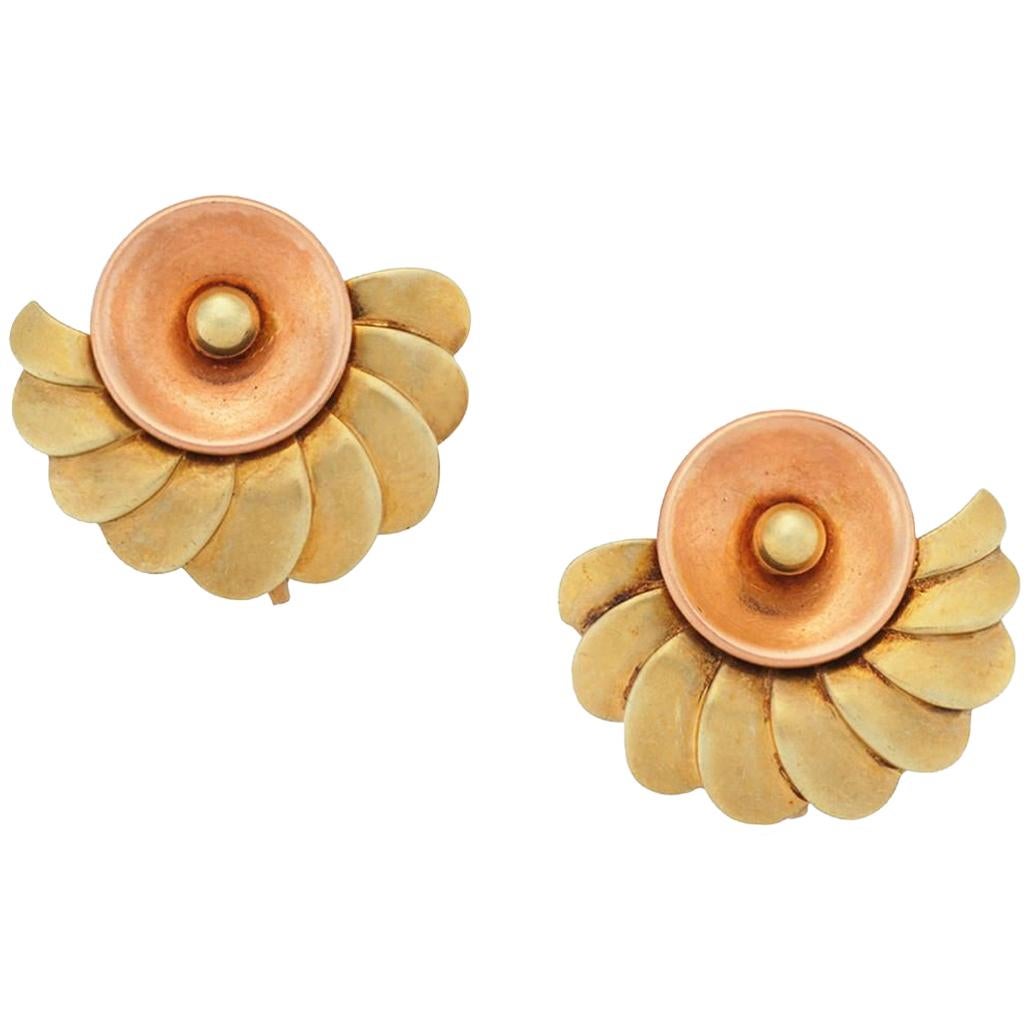 Two-Tone Retro Fan-Style Earrings, 14 Karat Rose and Yellow Gold