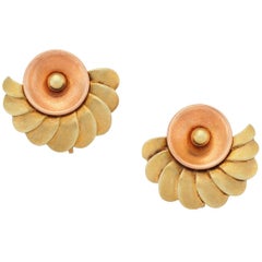 Two-Tone Vintage Fan-Style Earrings, 14 Karat Rose and Yellow Gold