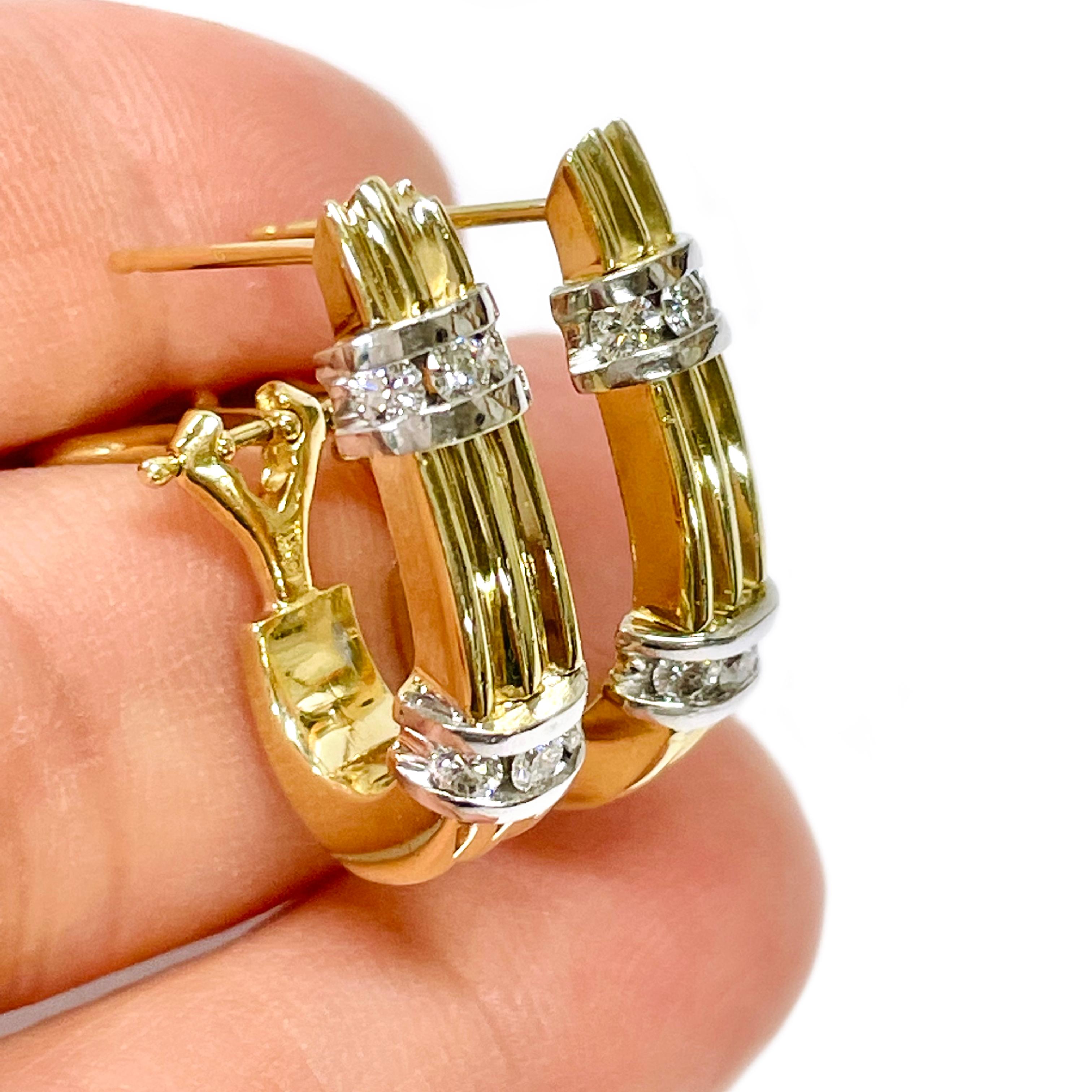 Women's or Men's Two-Tone Ridged Diamond Earrings For Sale