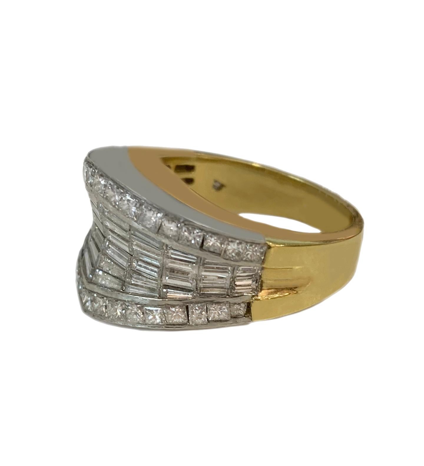Baguette Cut Custom Made Two Tone Platinum and 18k Gold Ring with Diamonds For Sale