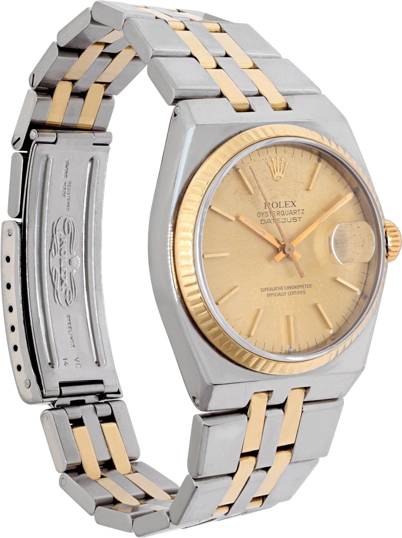 Two-Tone Rolex Datejust Oysterquartz Wristwatch w/ Gold Stick Dial Ref 17013 In Excellent Condition For Sale In Surfside, FL
