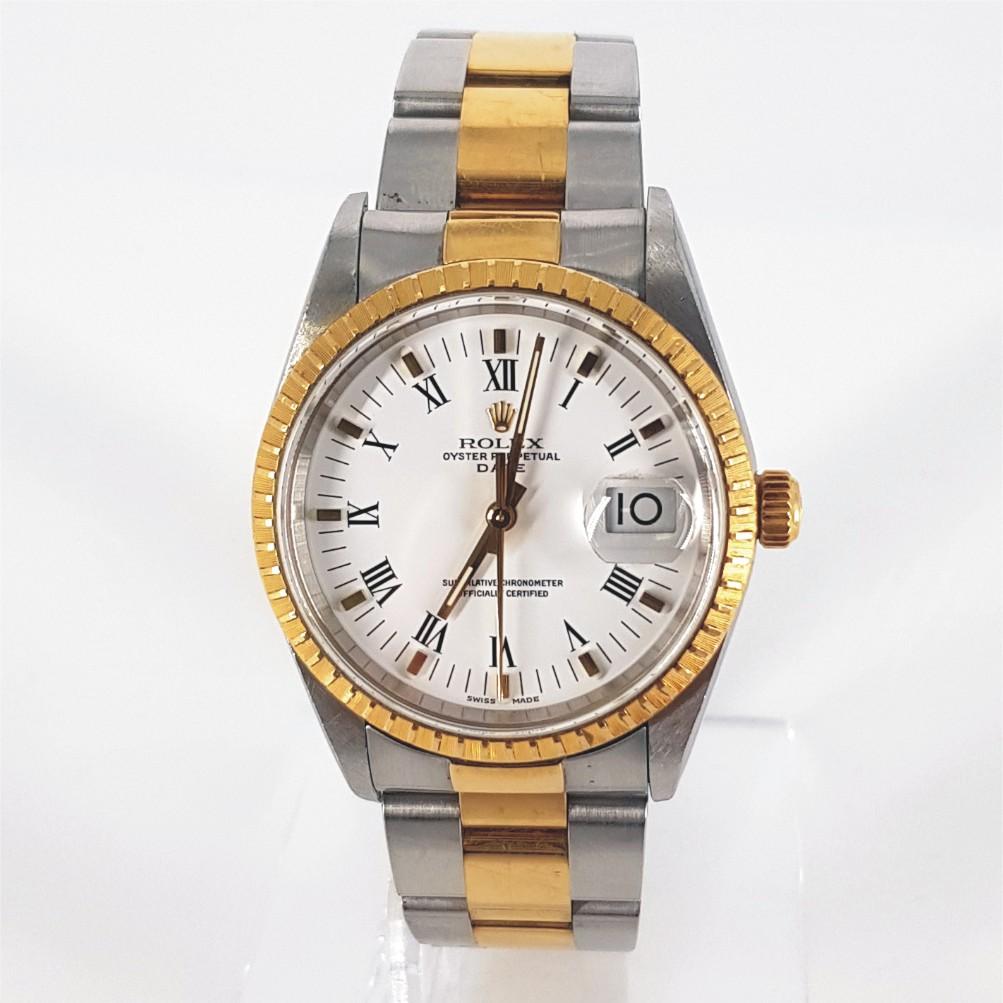 Rolex Oyster Perpetual Date Watch – Automatic in Excellent condition. 
Model Number: 15223 & Serial Number: K484272 
Year: 2020
Stainless Steel & Gold Case measuring 30mm with a White Dial with Gold Hands & Stainless Steel & Gold Strap measuring