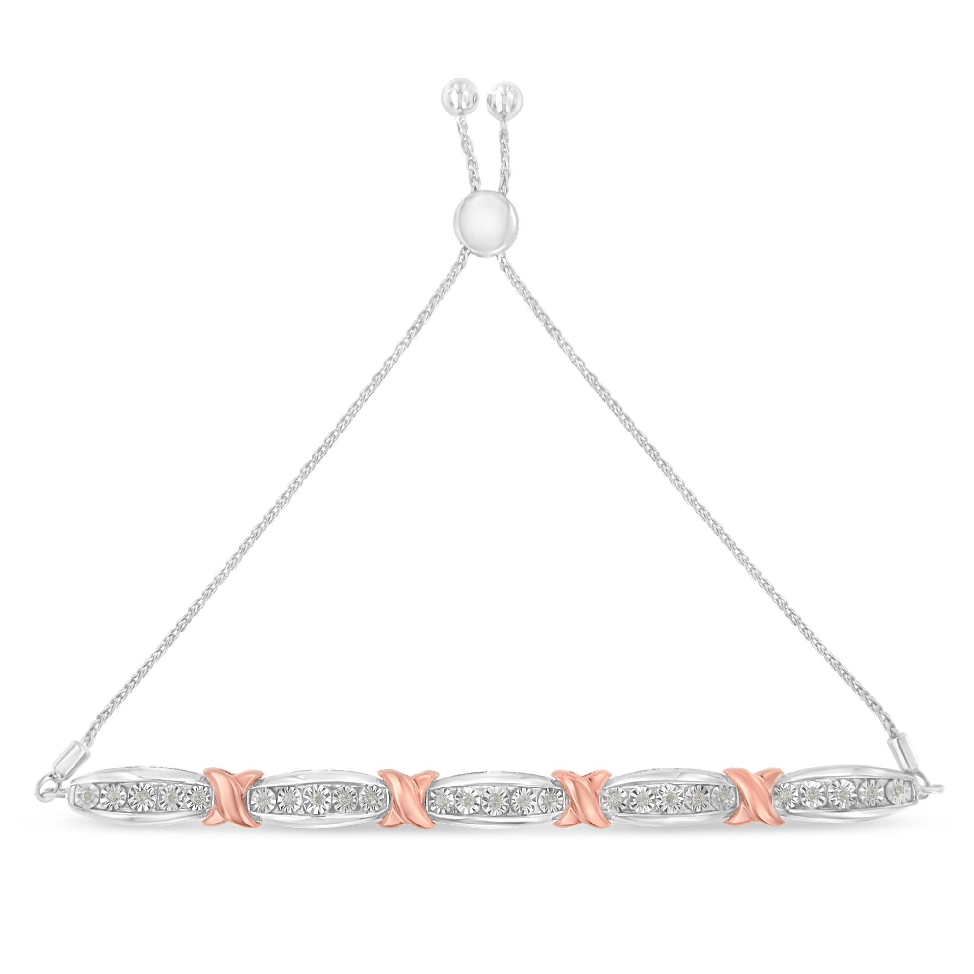 Moderno Bracciale Bolo bicolore in argento rosa e sterling con diamante da 1/4 di carato a X e barra affusolata in vendita