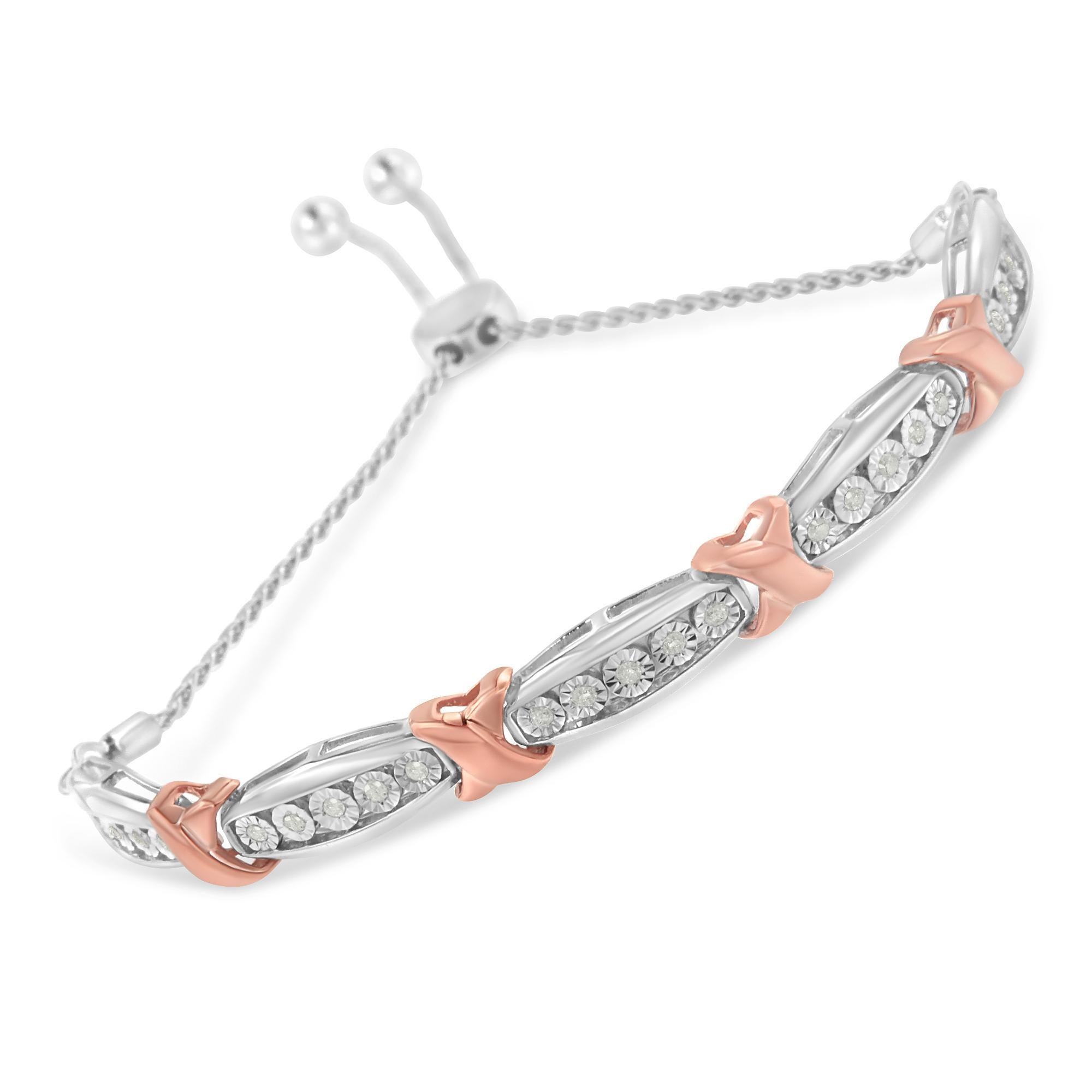 Taglio rotondo Bracciale Bolo bicolore in argento rosa e sterling con diamante da 1/4 di carato a X e barra affusolata in vendita