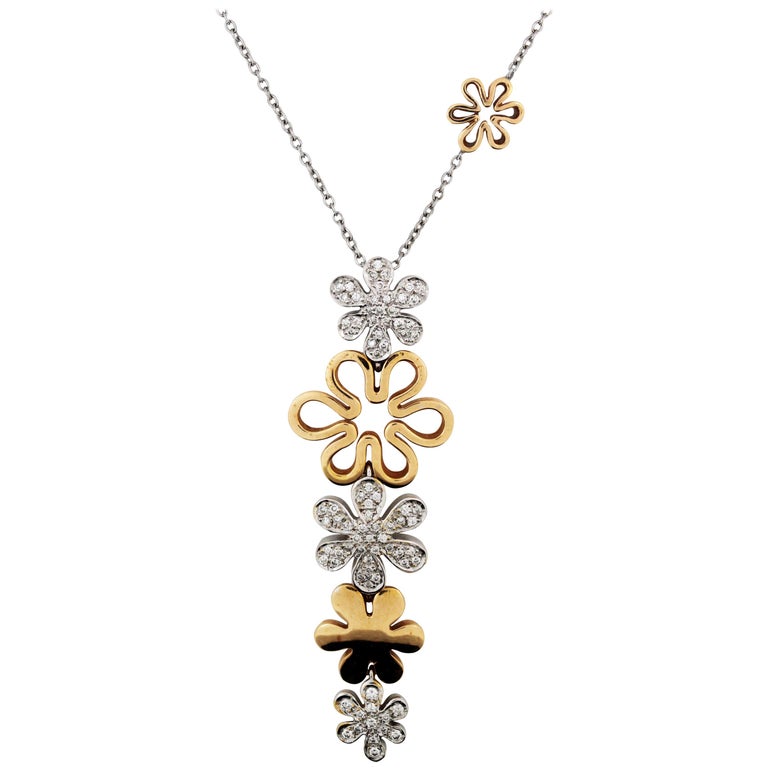 Two-Tone Rose White Gold and Diamond Floral Drop Pendant Necklace at ...
