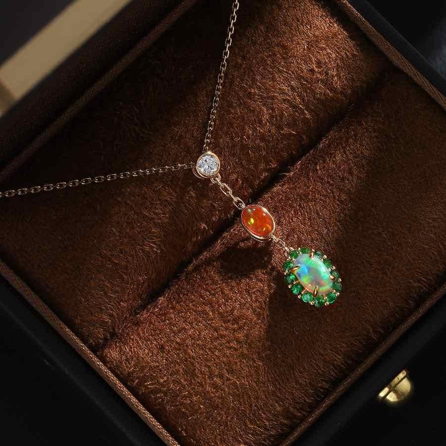 Artist Two Tone Semi Black Opal & Fire Opal Tsavorite Diamond Necklace 18K Yellow Gold For Sale