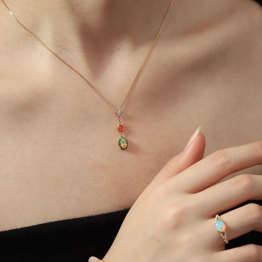 Brilliant Cut Two Tone Semi Black Opal & Fire Opal Tsavorite Diamond Necklace 18K Yellow Gold For Sale