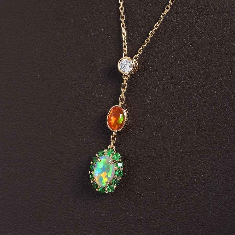 Two Tone Semi Black Opal & Fire Opal Tsavorite Diamond Necklace 18K Yellow Gold In New Condition For Sale In Suwanee, GA