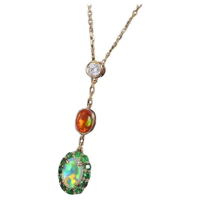 Two Tone Semi Black Opal & Fire Opal Tsavorite Diamond Necklace 18K Yellow Gold For Sale