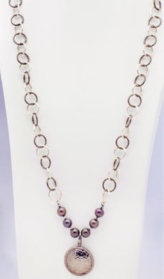 Two Tone Silver Chain Pearl Necklace w Hammered Sterling Silver Diamond Pendant