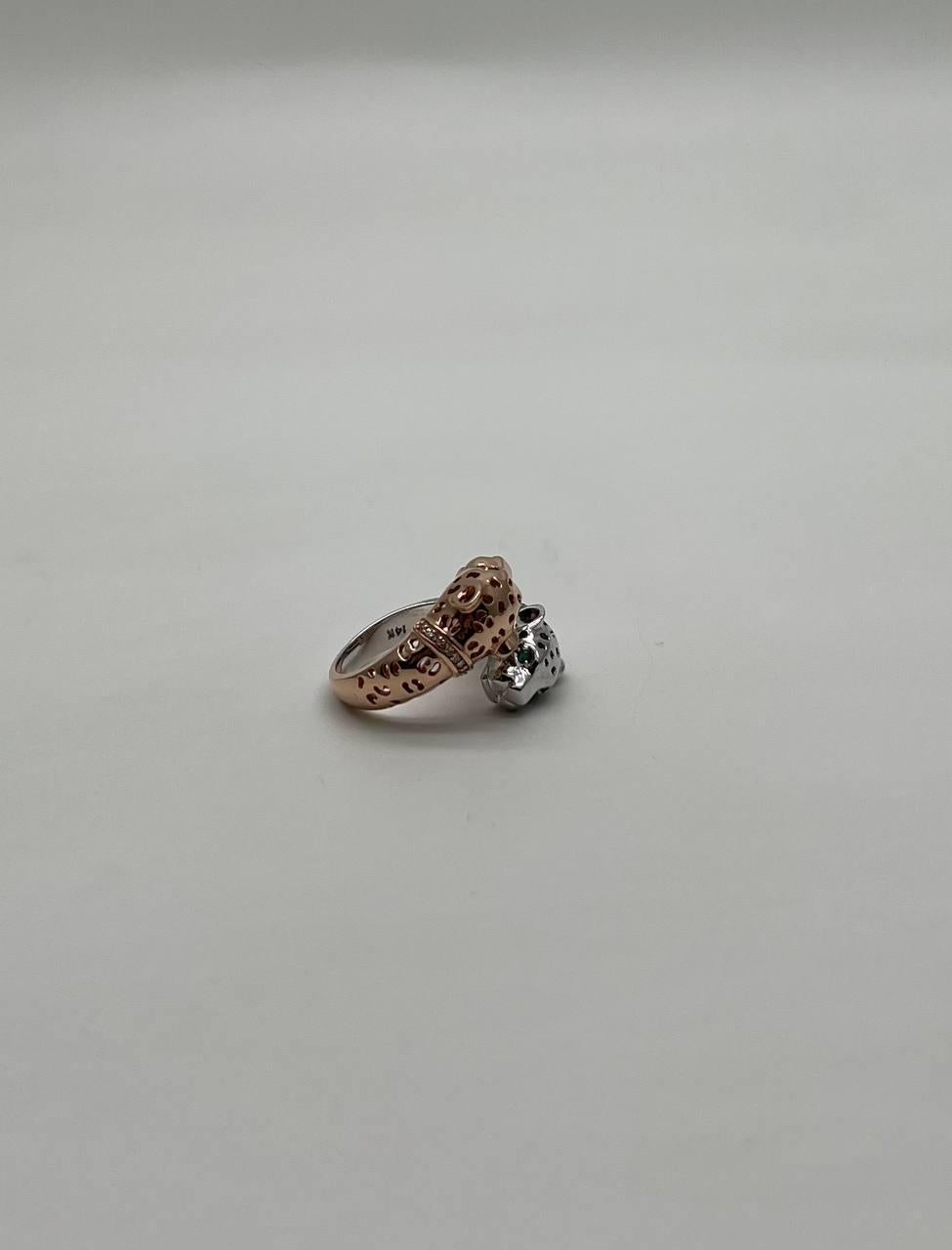 Mixed Cut Two Tone Snow Leopard Golden Panther 14K Two Head Rose White Gold Statement Ring For Sale