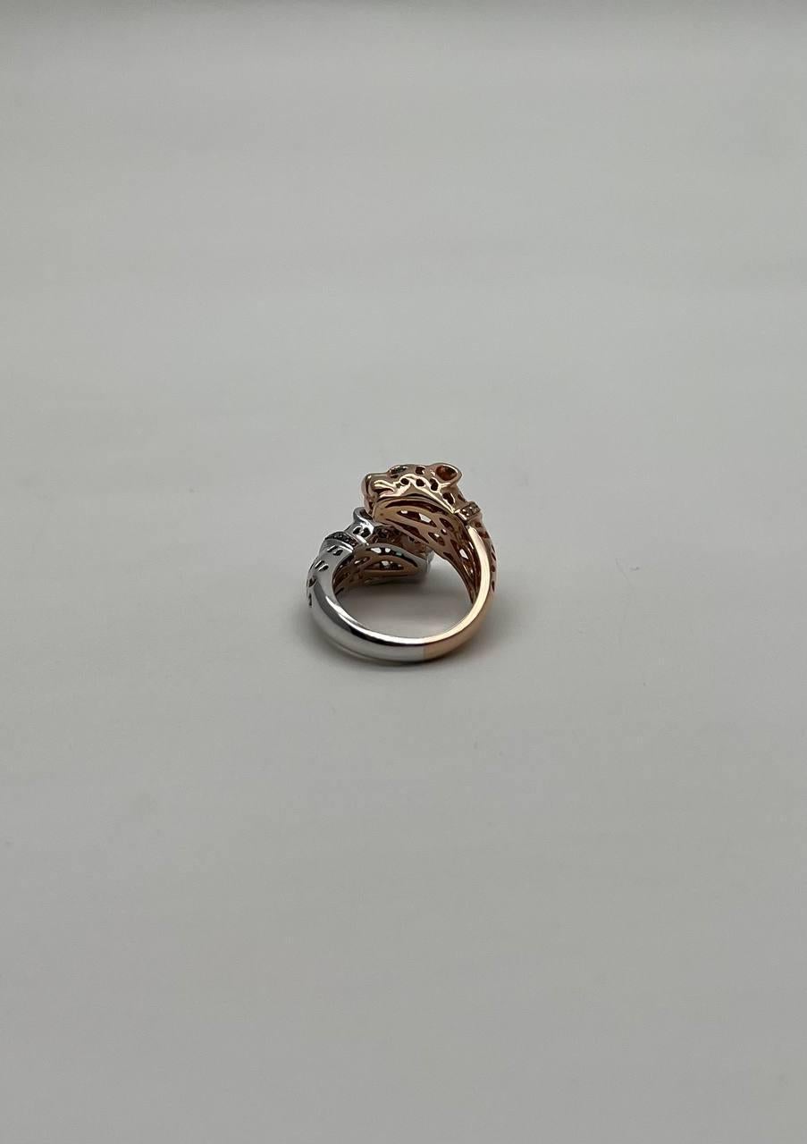 Two Tone Snow Leopard Golden Panther 14K Two Head Rose White Gold Statement Ring In New Condition For Sale In Oakton, VA