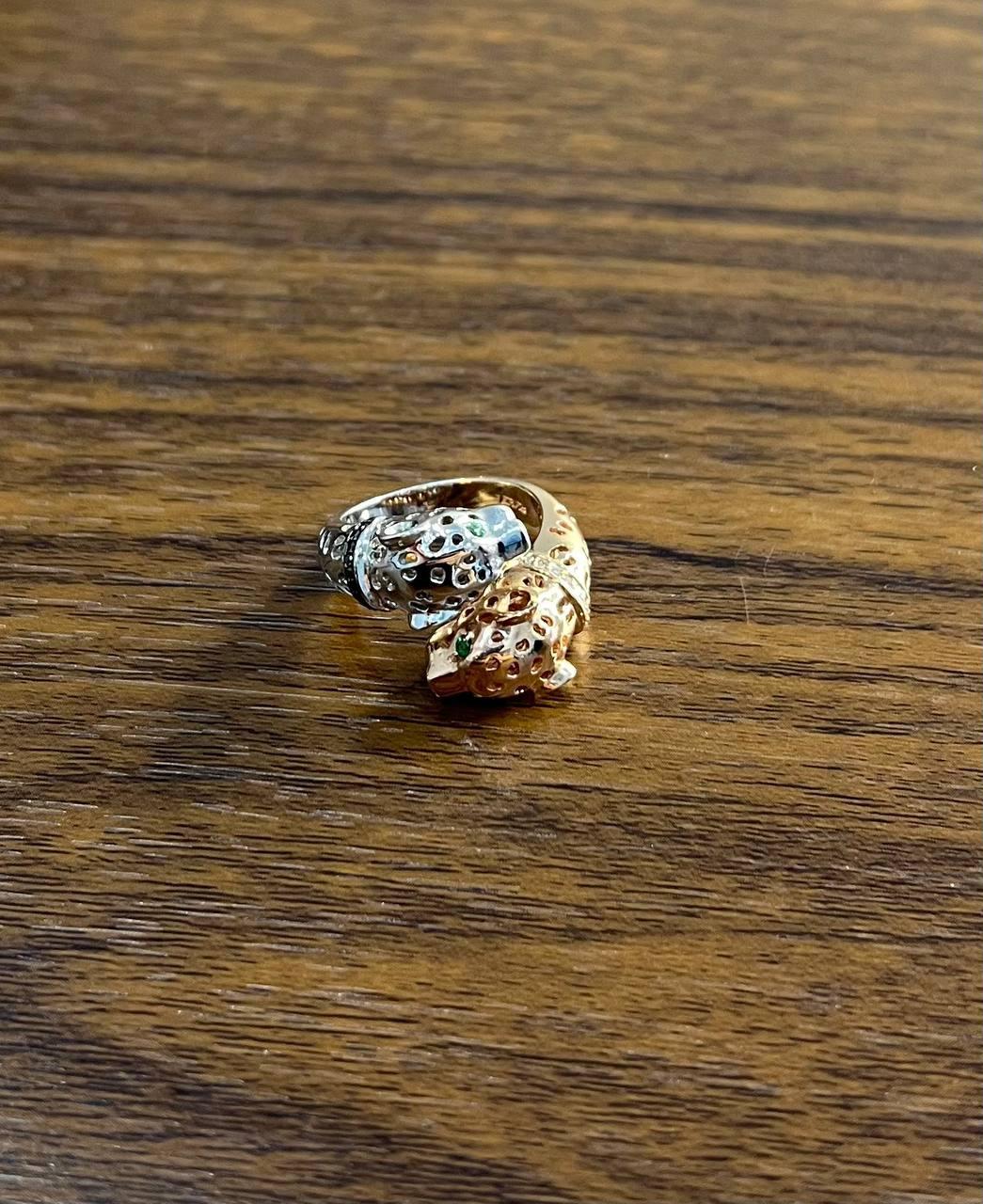 Women's Two Tone Snow Leopard Golden Panther 14K Two Head Rose White Gold Statement Ring For Sale